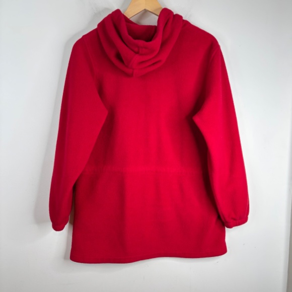 VTG 90s Lands End Red Fleece Hooded Jacket L Long Full Zip Pockets Fall Cabin - Picture 4 of 11
